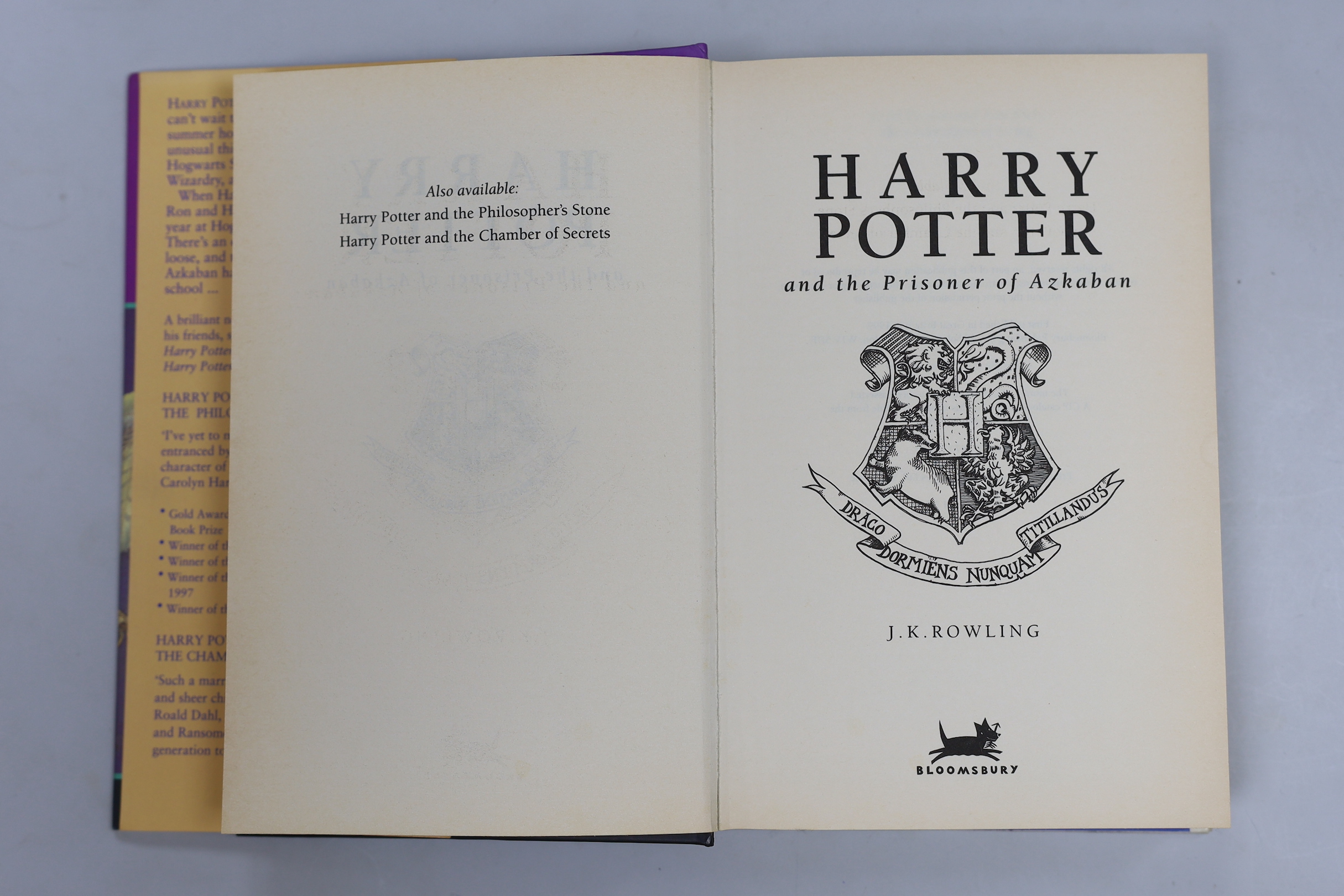 Rowling. J.K - Harry Potter and the Prisoner of Azkaban, 1st edition, 2nd state with corrected text on p. 7 and ‘’J.K.Rowling’’ to copyright p. but without advertisements at rear, 8vo, original pictorial boards, in a fin